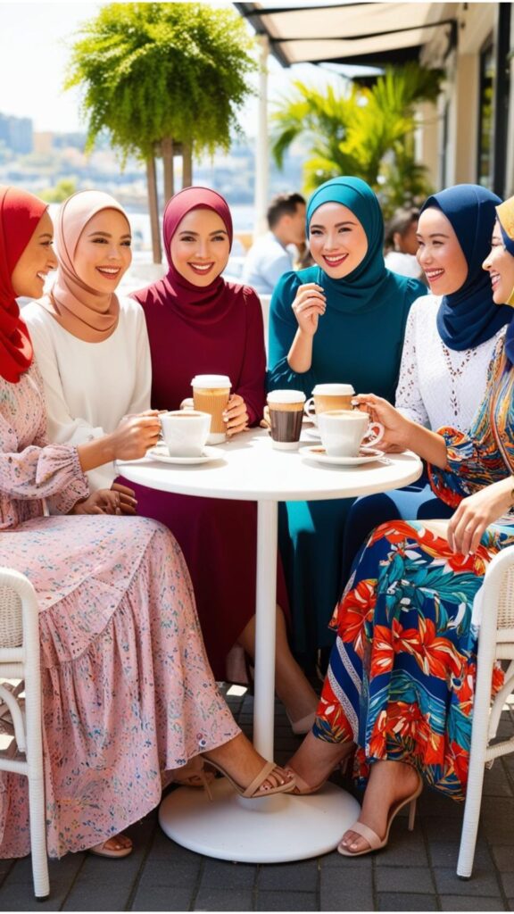 A group of women wearing different styles of hijab-friendly Casual Summer Dresses, including maxi dresses, long-sleeved dresses, and layered outfits, enjoying a coffee date.