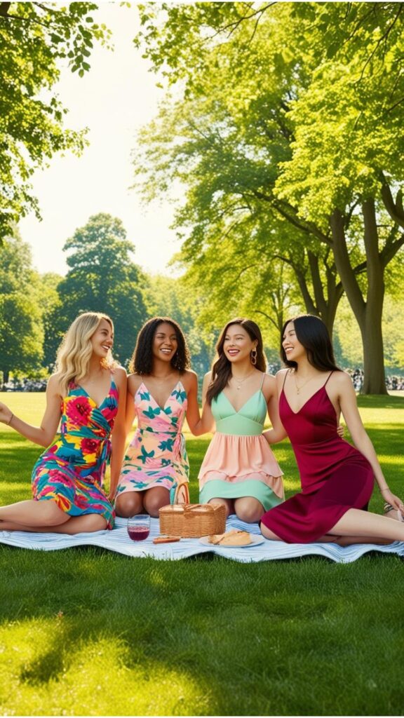 A group of friends wearing different styles of midi summer dresses, including a wrap dress, a tiered dress, and a slip dress, having a picnic in a park.