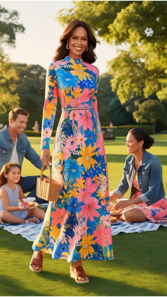 A stunning woman wearing a long-sleeved, floral print maxi dress with a high neckline, paired with a denim jacket and sandals, enjoying a day out with her family.
