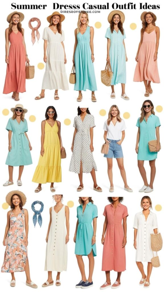 A mood board featuring different summer dress casual outfit ideas, including accessories and footwear for various occasions.