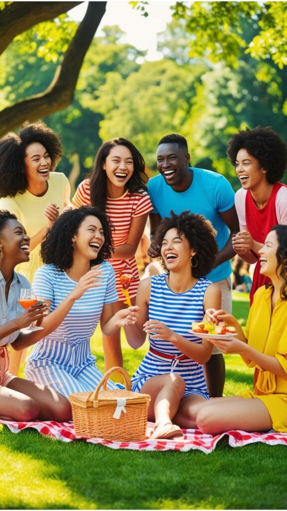 A group of friends wearing different styles of casual summer dresses, laughing and having fun at a picnic.