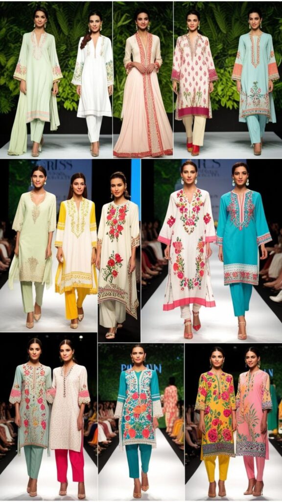 A fashion show featuring models wearing different styles of Pakistani Casual Summer Dresses, including lawn suits, shalwar kameez, and printed dresses.