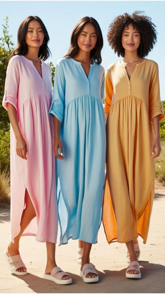 Casual summer long dresses in lightweight fabrics like cotton or linen offer a relaxed, flowy fit. Pair with sandals or sneakers for an effortless everyday look.