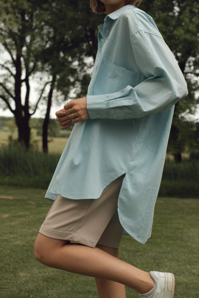 A person wearing an oversized shirt, perfect for a relaxed and comfortable summer look.