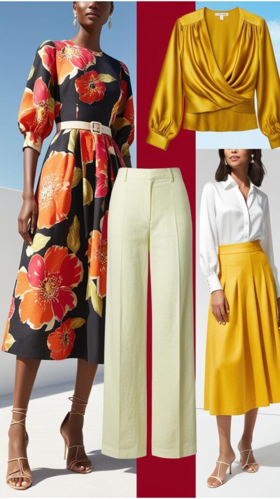 Elevate your summer style with a chic midi dress and heels, wide-leg trousers with a flowy blouse, or an A-line skirt paired with a stylish blouse for elegance.
