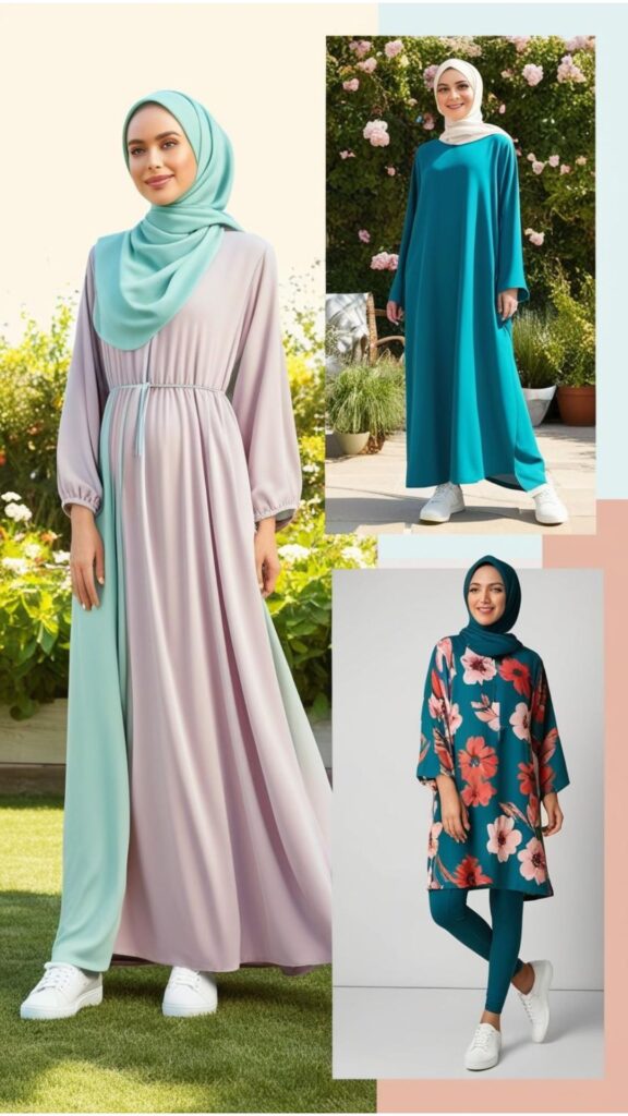Stay cool and modest with a maxi dress and hijab, a chic abaya with sneakers, or a versatile tunic and leggings—stylish, comfortable choices for summer.