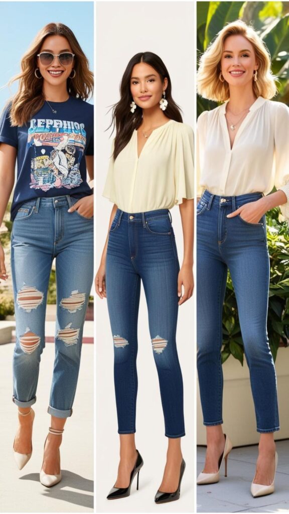 Rock your favorite jeans this summer with ripped jeans and a tee for a casual vibe, mom jeans with a blouse for a retro touch, or skinny jeans with heels for elegance.