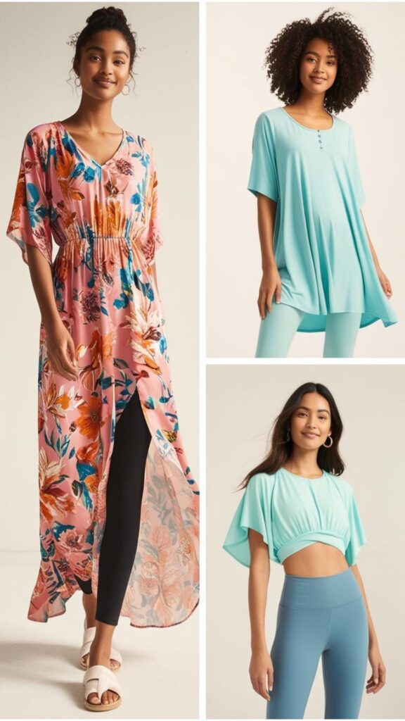 Stay cool and modest with a flowing maxi dress, a comfy tunic and leggings, or a stylish high-waisted skirt with a flowy blouse for an elegant summer look.