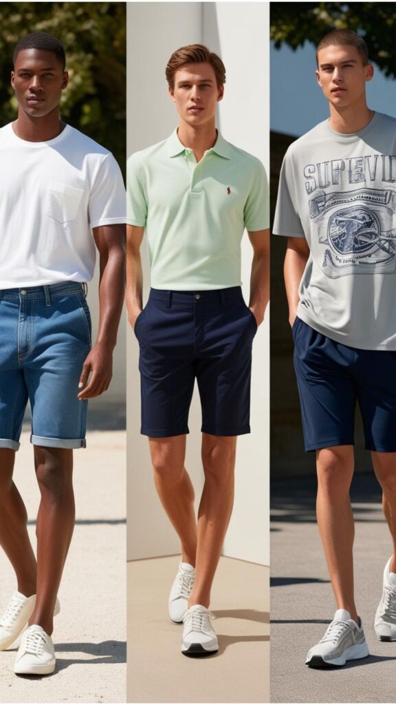 Stay cool in summer with denim shorts and a tee for a classic look, Bermuda shorts with a polo for a preppy vibe, or bike shorts with an oversized tee for athleisure style.