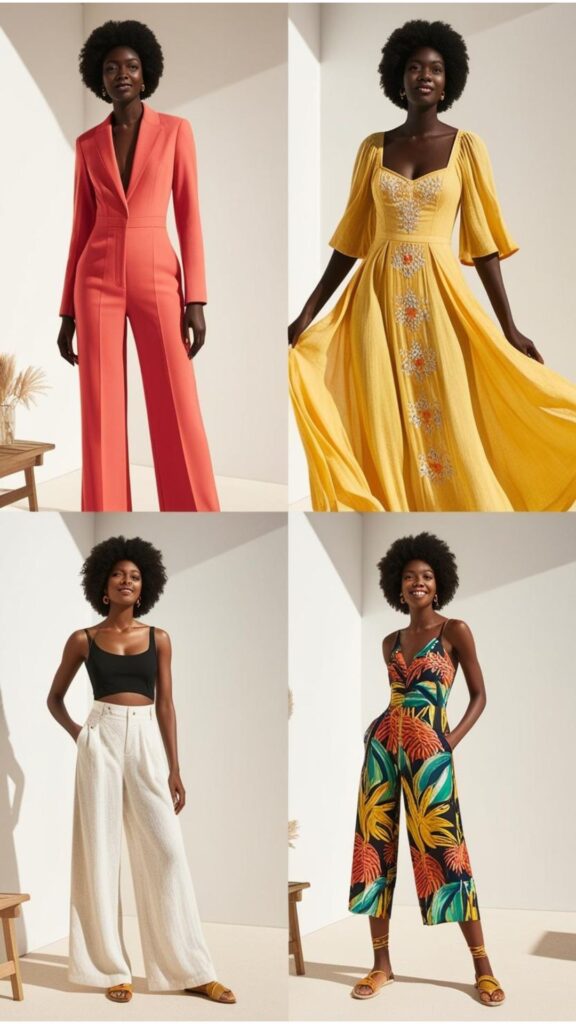 Flatter your style this summer with a chic jumpsuit, breezy maxi dress, trendy crop top with high-waisted pants, or a versatile romper for any Black woman occasion.