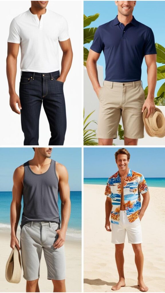 Men's summer outfits: T-shirt and jeans for a classic look, polo and shorts for style, tank top for hot days, or a vibrant Hawaiian shirt for beach vibes.