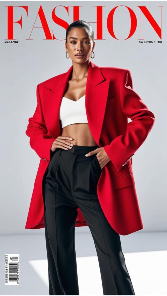 A fashion magazine cover featuring a model wearing a cherry red oversized blazer, a white crop top, and high-waisted black trousers.