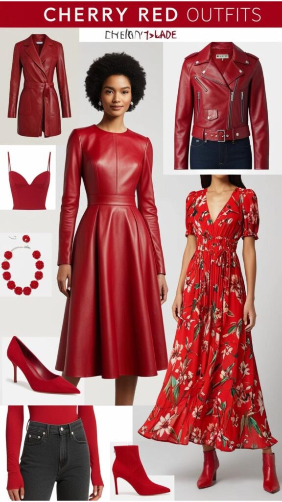 A mood board with images of cherry red outfits in different aesthetics, including a classic red dress, a red leather jacket, and a red floral dress.