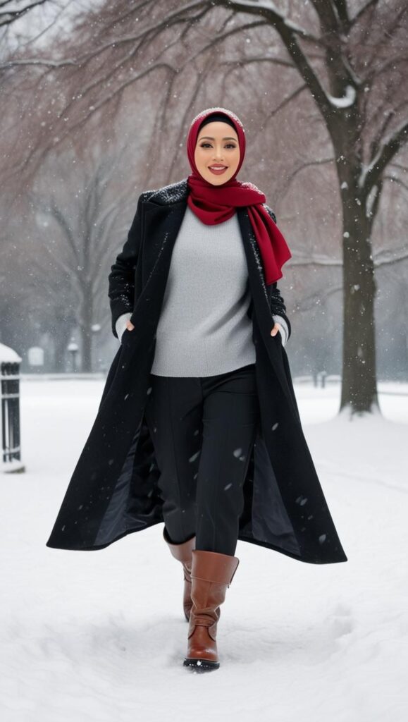 A woman wearing a cherry red hijab with a grey turtleneck sweater, a black long coat, black trousers, and brown boots, walking in a snowy park.