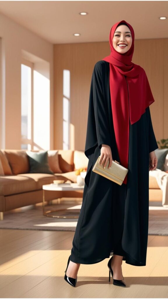A woman wearing a cherry red hijab with a black abaya, black heels, and a gold clutch, smiling in a modern living room.