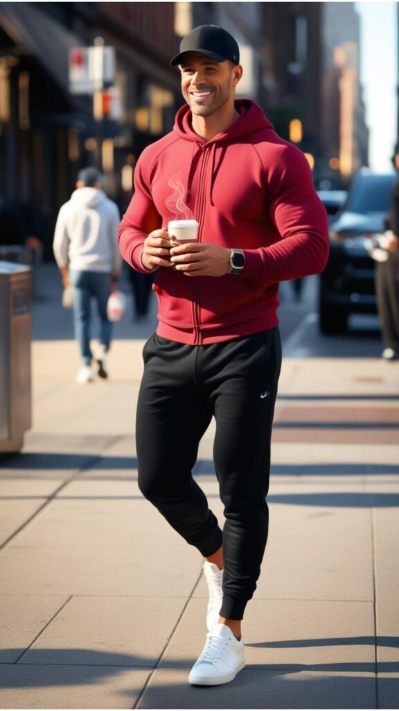 A handsome good looking man wearing a cherry red hoodie, black joggers, white sneakers, and a black baseball cap, walking down a city street with a coffee in hand.