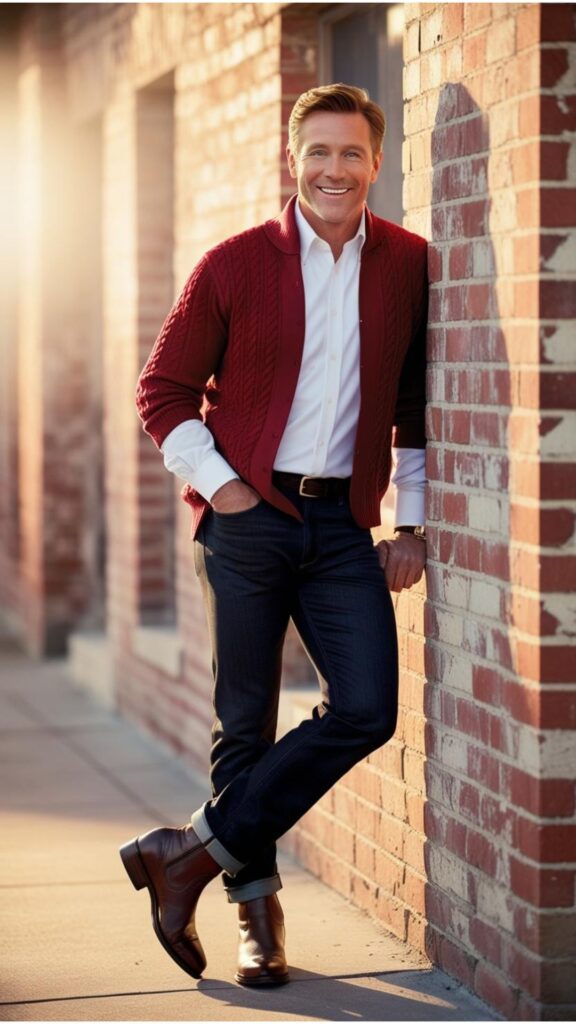 A man wearing a cherry red sweater over a white shirt, dark wash jeans, and brown leather boots, leaning against a brick wall.