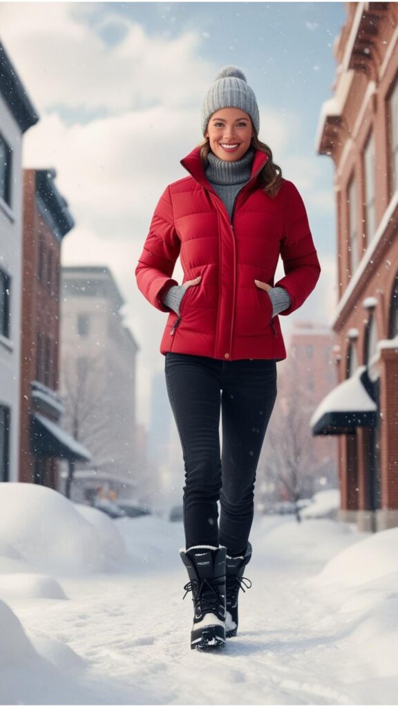 A woman in a cherry red puffer jacket, black jeans, a grey beanie, and snow boots, walking in a snowy city landscape.