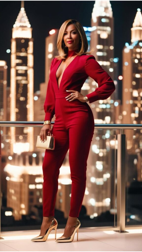 A woman with blonde hair in a cherry red jumpsuit, gold heels, and a clutch bag, posing against a city skyline at night.