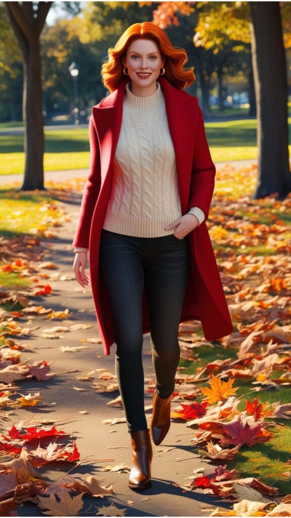 A woman with red hair wearing a cherry red coat over a cream cable knit sweater, black jeans, and brown ankle boots, walking through a park with fallen leaves.