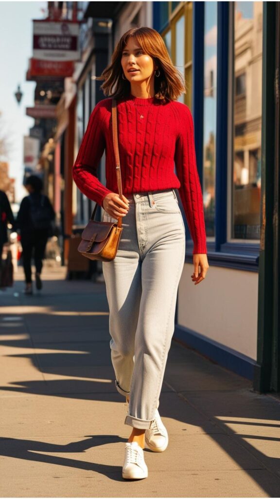 A woman with brown hair wearing a cherry red sweater tucked into high-waisted jeans, white sneakers, and a brown crossbody bag, walking down a city street.