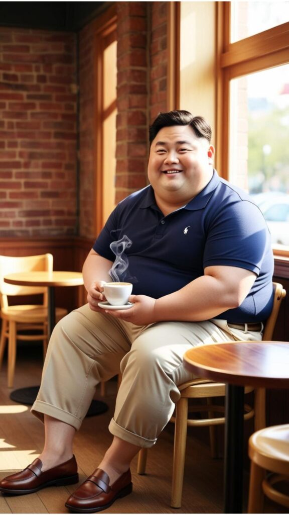 A chubby Korean single man wearing beige chinos, a navy blue polo shirt, and brown leather loafers, sitting in a cafe.