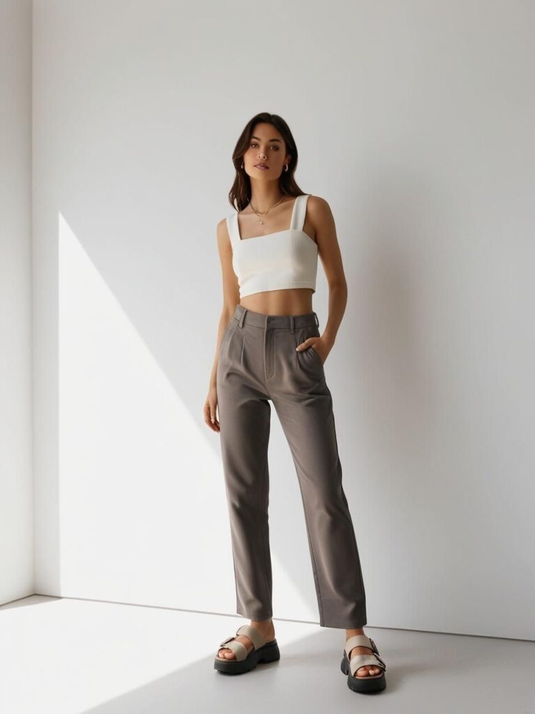 Crop top paired with high-waisted trousers and chunky sandals creates a trendy and casual summer brunch outfit idea for women.