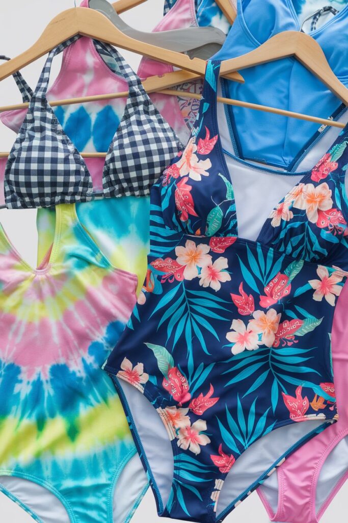 A collage of swimsuits with different cute patterns, such as animal prints, tropical florals, gingham, and tie-dye.