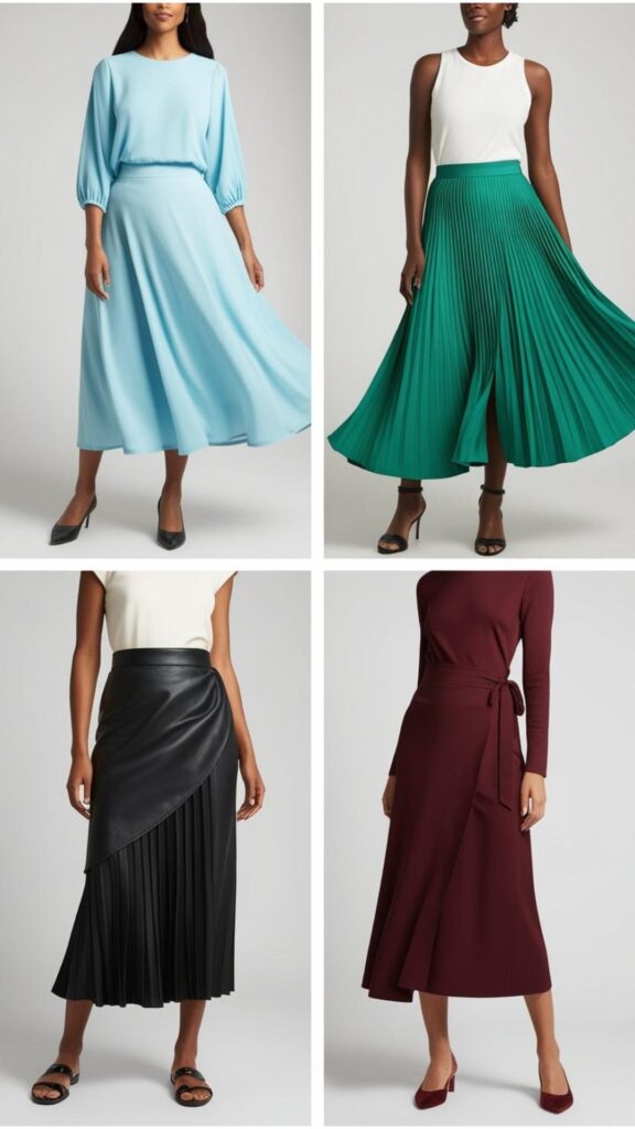 Explore midi skirt styles: A-line for a classic silhouette, pleated for movement, pencil for sleek sophistication, and wrap for an adjustable, flattering fit.