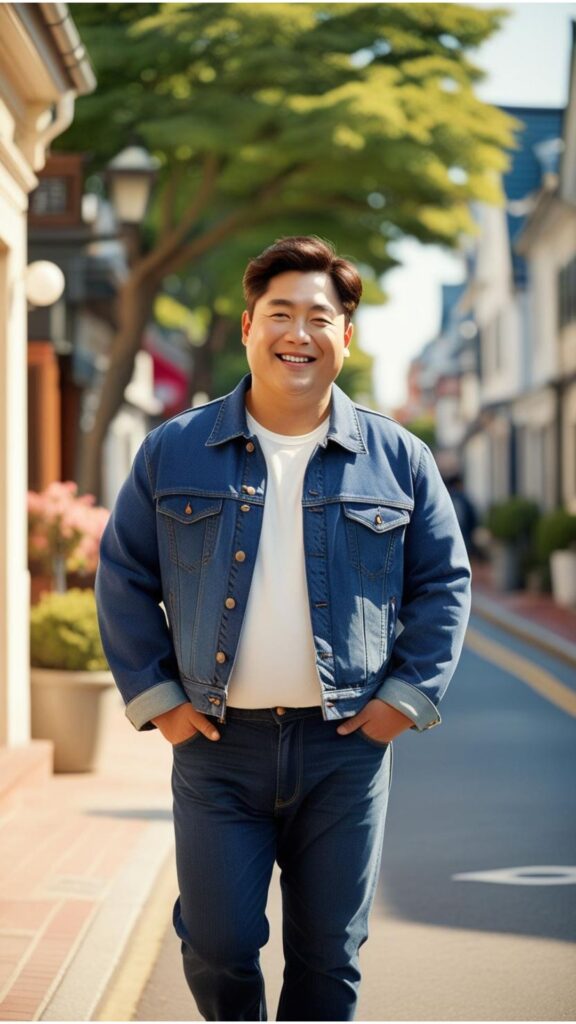 A chubby Korean good looking man wearing a classic blue denim jacket, a white t-shirt, and straight-leg jeans, walking down a street