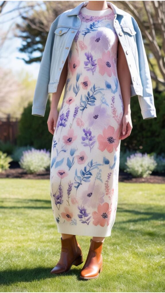 A lightweight knit dress with a delicate floral pattern, styled with a denim jacket and ankle boots for spring.