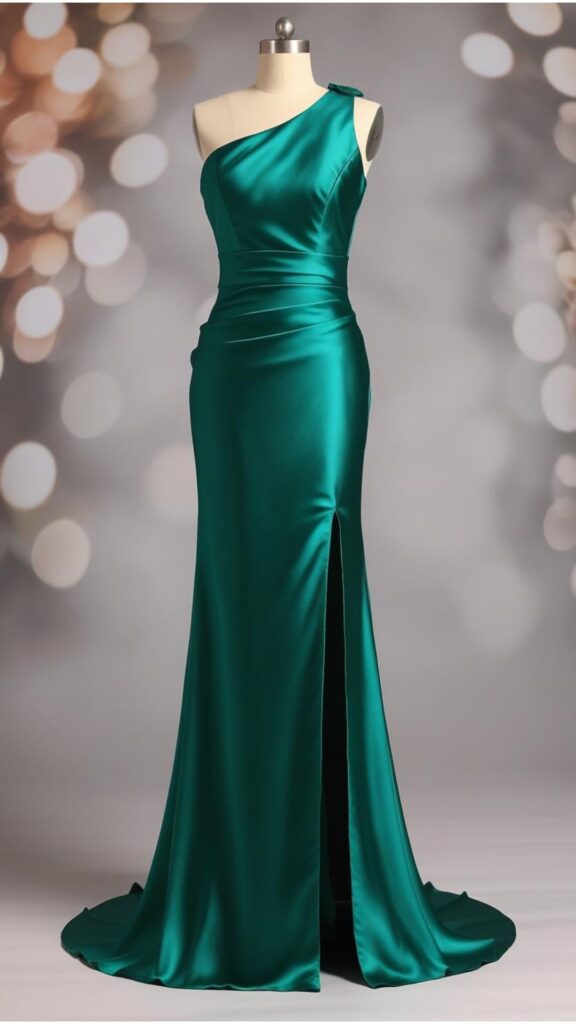 A floor-length satin dress with a one-shoulder neckline and a thigh-high slit, in a deep emerald green.