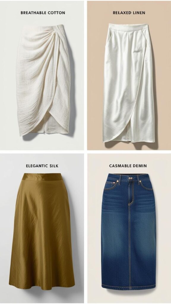 Choose the right midi skirt fabric: cotton for breathability, linen for a relaxed feel, silk or satin for elegance, and denim for a casual, timeless look.