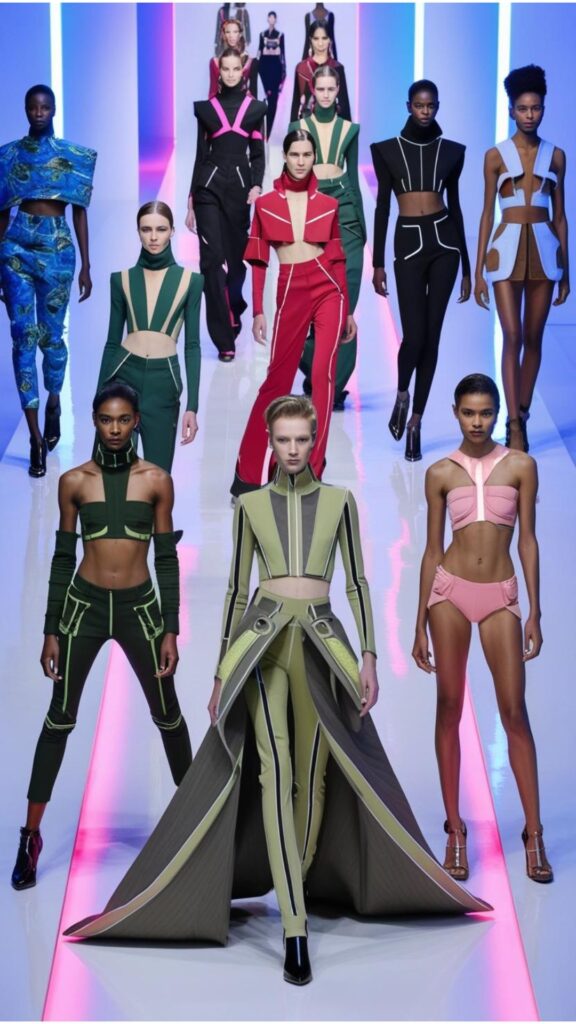 A futuristic fashion show with models wearing avant-garde outfits made from sustainable materials.