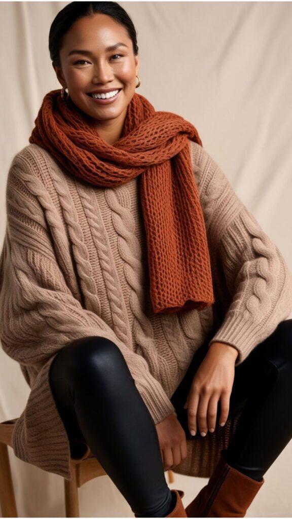 A woman wearing a brown oversized sweater, black leggings, and brown ankle boots, with a rust-colored scarf.