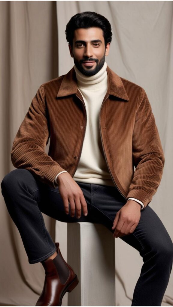 A man wearing a brown corduroy jacket, a cream turtleneck sweater, and dark wash jeans, with brown leather Chelsea boots.