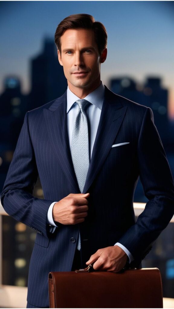 A man wearing a navy suit with a light blue shirt and a patterned tie, holding a briefcase.