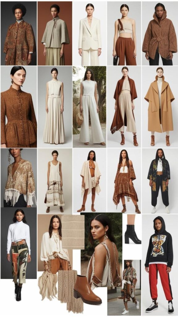 A mood board with various fashion styles, including vintage, minimalist, bohemian, and streetwear.