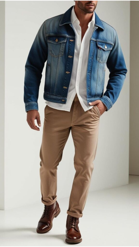 A man wearing a denim jacket, a white button-down shirt, and chinos, with brown leather boots.
