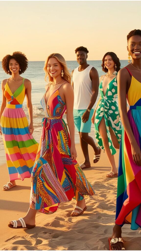 A beach scene with people wearing colorful summer outfits, including maxi dresses, shorts, and sandals.