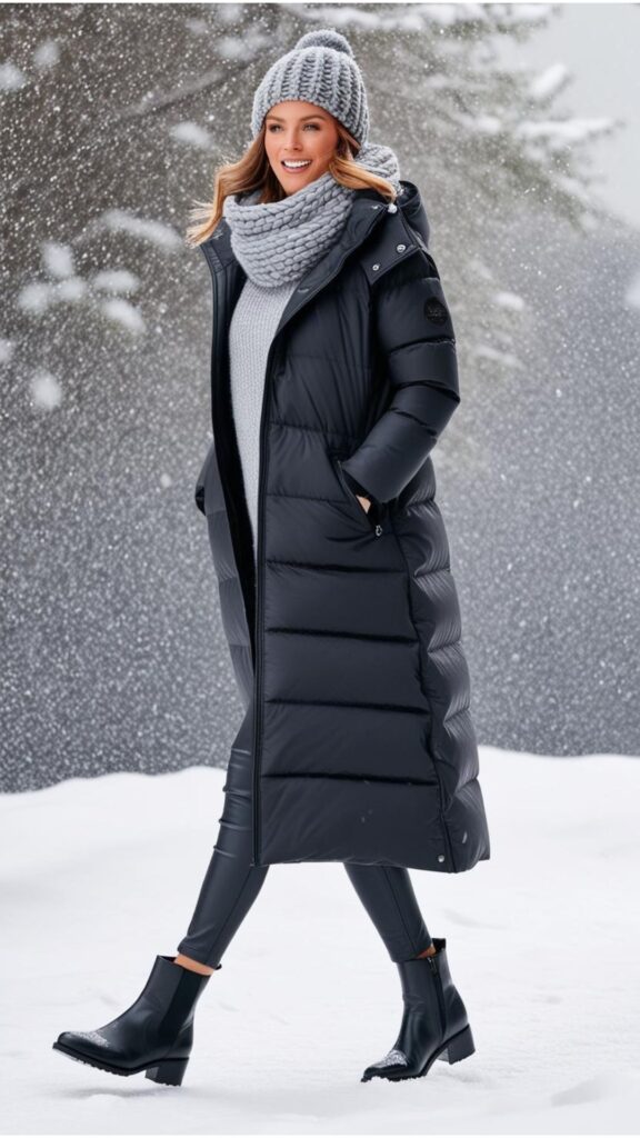 A woman wearing a long black puffer jacket, a grey knitted hat and scarf, and black leather boots, walking in the snow.