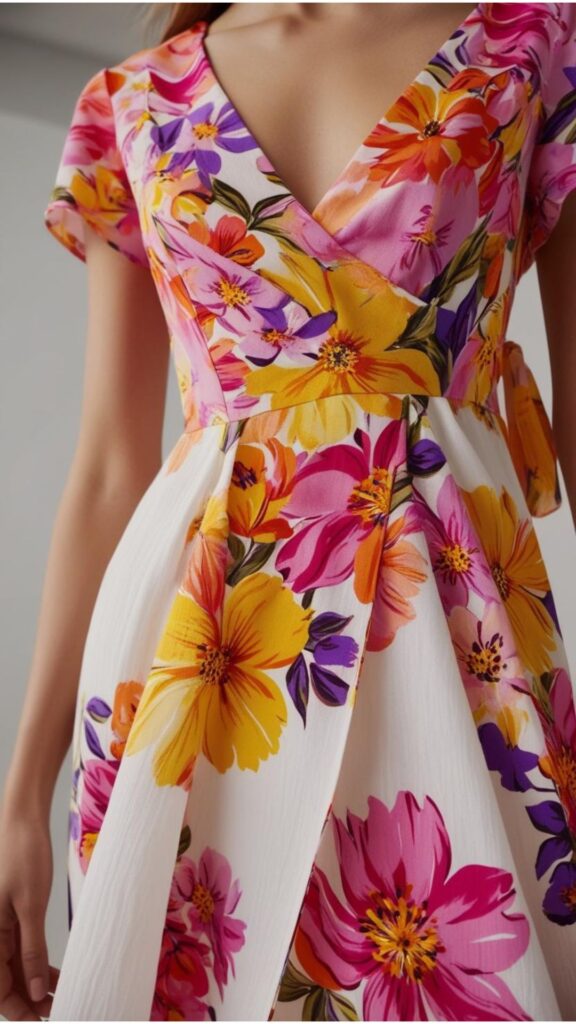 A close-up of a floral summer dress with a variety of colorful flowers, showcasing the intricate details of the print.