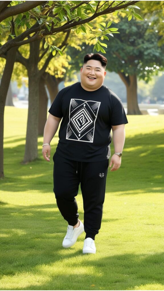 A chubby Korean charming man wearing a black graphic tee, black joggers, and white sneakers, walking through a park.