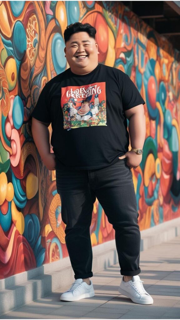A chubby Korean charming man wearing a black t-shirt with a graphic print, black jeans, and white sneakers, standing in front of a colorful mural.