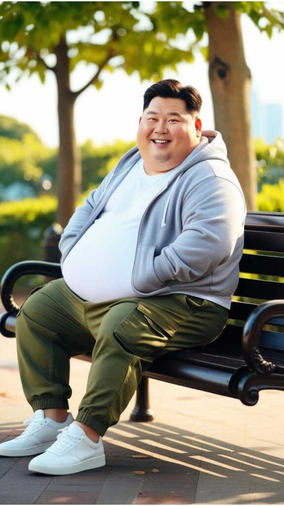 A chubby Korean good looking man wearing a gray hoodie, olive green cargo pants, and white sneakers, sitting on a bench in a park.