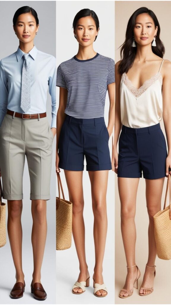 Style Bermuda shorts for any occasion: tailored with a button-down for work, striped tee and sandals for brunch, or silk with a lace top and heels for evenings.