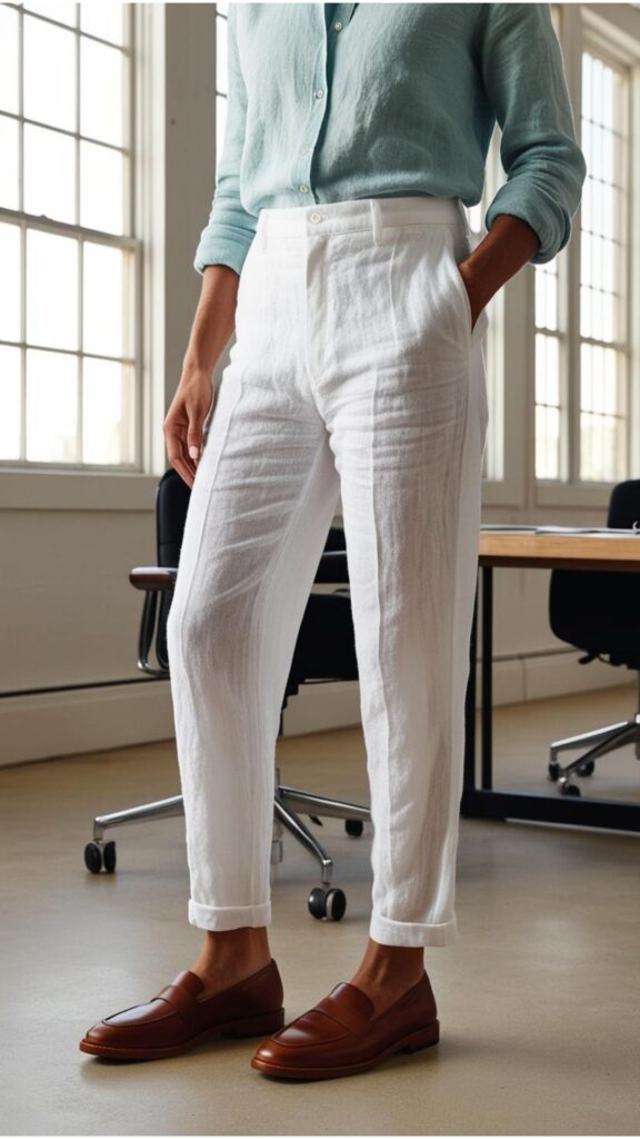 White linen pants, blue linen shirt, brown loafers, casual office background.