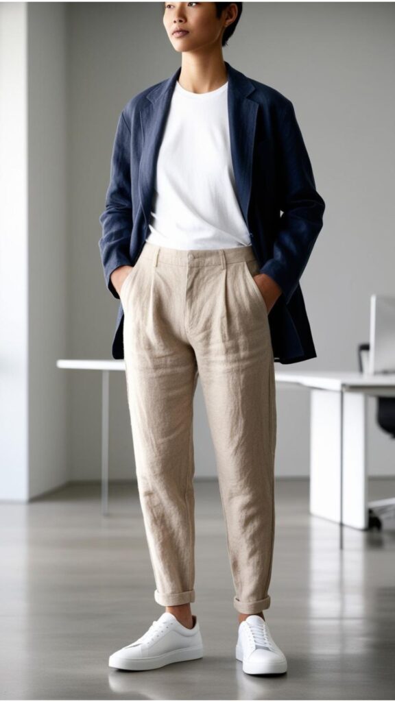 Beige linen pants, white t-shirt, navy linen blazer, white sneakers, office background.