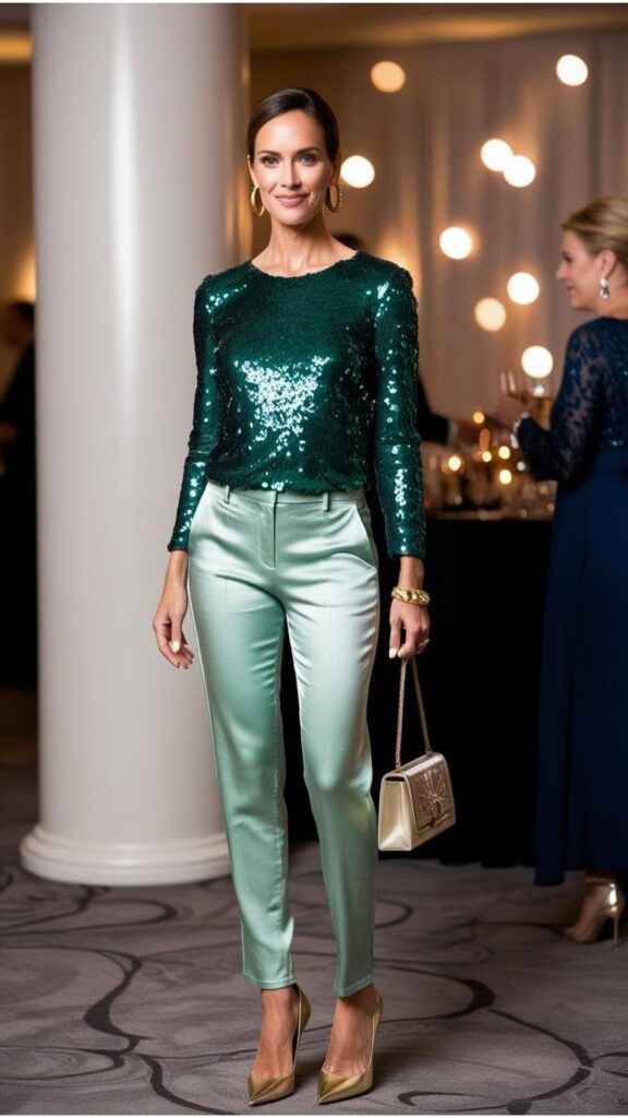 Silk linen pants, emerald green sequined top, gold earrings, heels, evening bag, cocktail party background.