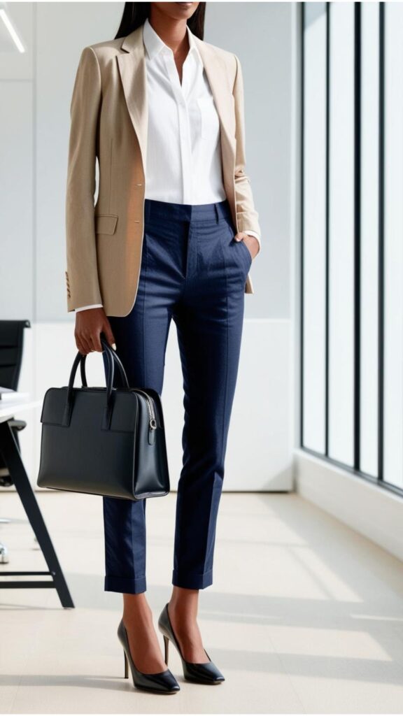 Navy linen pants, white blouse, beige blazer, black pumps, work bag, office background.